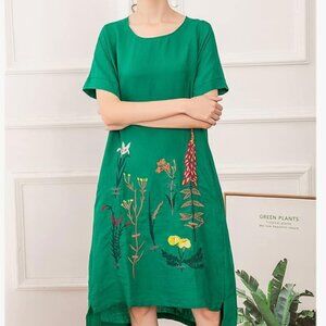 Boho Chic Floral Embroidered Linen Cotton Summer Tunic Dress